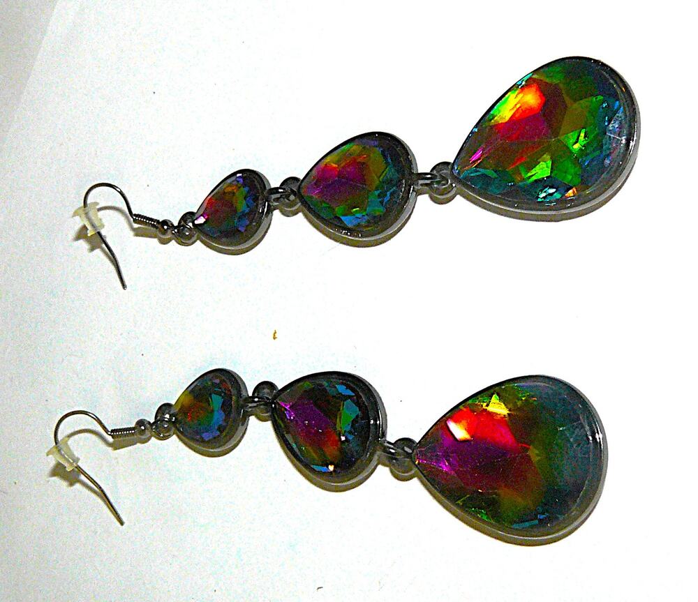 Rainbow Vitrail Crystal Teardrop Dangle Earrings Gunmetal Finish Lightweight